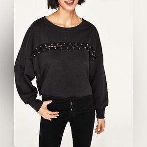 Zara sweatshirt Sz M Gray Black Boatneck Dropped Shoulders